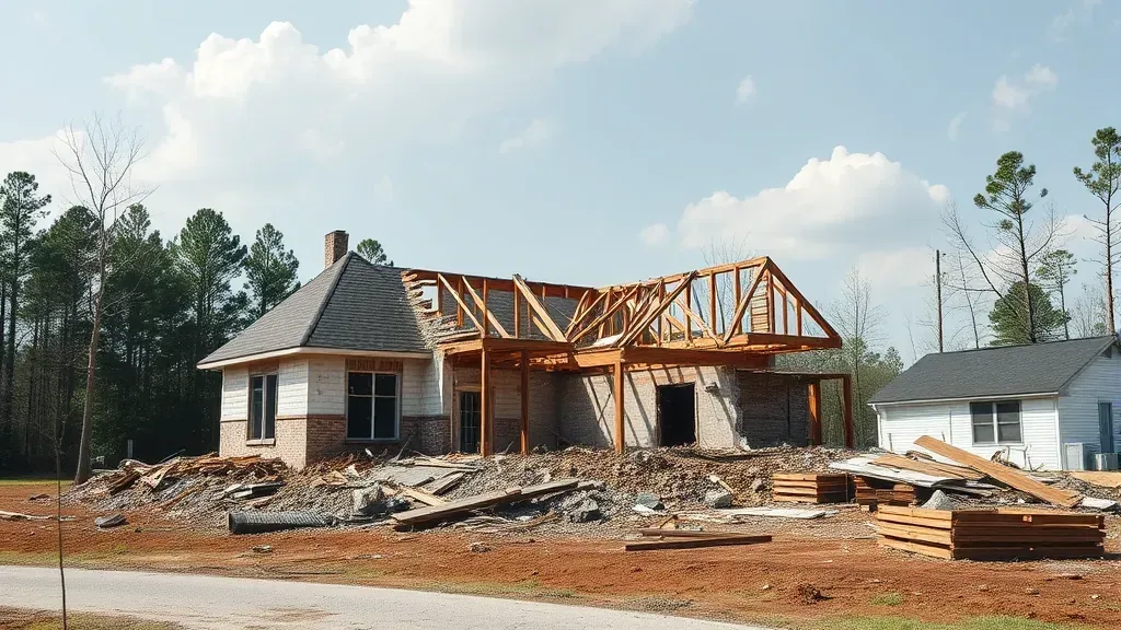 Demolition in Socastee, SC with construction debris and equipment in the foreground.