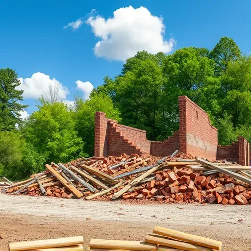Demolition site in Carolina Forest SC with scattered debris, vibrant trees, and a blue sky, showcasing expertise in site clearance.