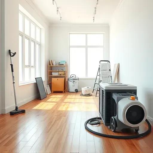 Water damage restoration site in Myrtle Beach with restored hardwood floors, drying equipment, and bright clean workspace