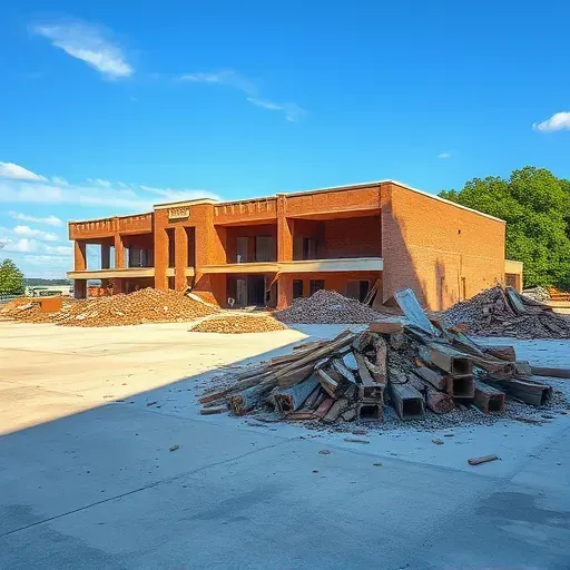 Demolition site in Clemson SC with clean lot, debris piles, exposed bricks, clear sky, and distant greenery.