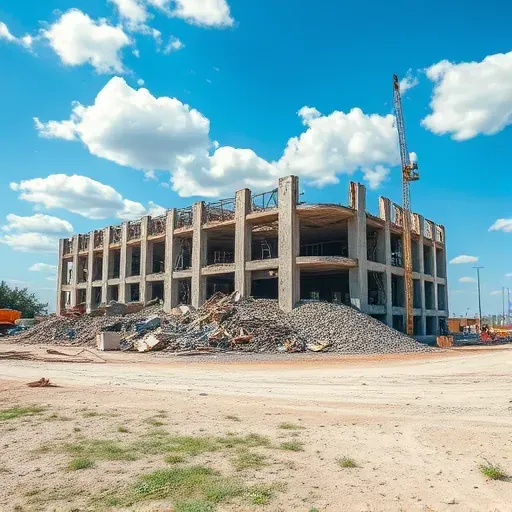 Demolition site in Taylors, SC, with concrete debris, twisted rebar, dust, and a bright blue sky.
