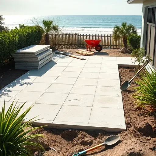 Clean leveled patio area in Myrtle Beach SC with lush greenery, coastal plants, distant beach views, and construction tools nearby