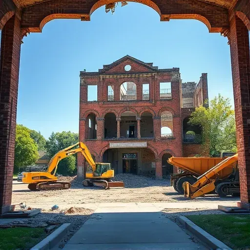 Demolition site in Red Hill SC showcases historic building remnants, debris, equipment, and peaceful surroundings.