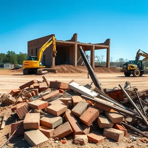 Demolition site in Wade Hampton SC showcasing debris of bricks and metal with excavators against a blue sky.