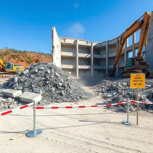 Demolition site in Fort Mill SC with concrete debris, steel rebar, safety barriers, and construction machinery in view.