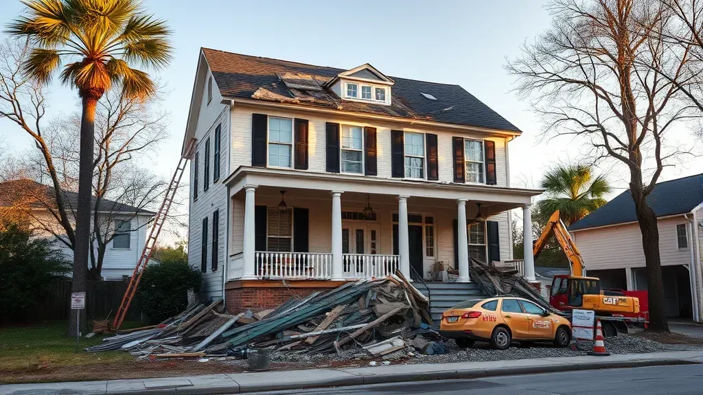 House Demolition projects in Charleston SC showcasing machinery and debris at a construction site