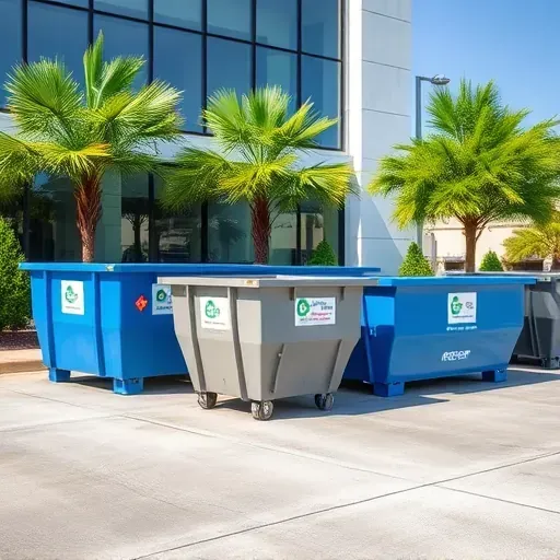 Clean dumpster rental yard in Charleston SC with colorful metal dumpsters, modern office building, green trees, and sunlight