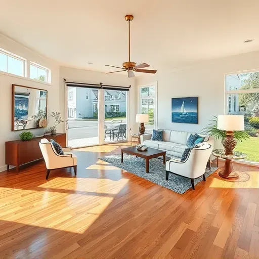 Beautiful Charleston garage conversion with polished hardwood floors, coastal decor, large windows, and lush outdoor scenery