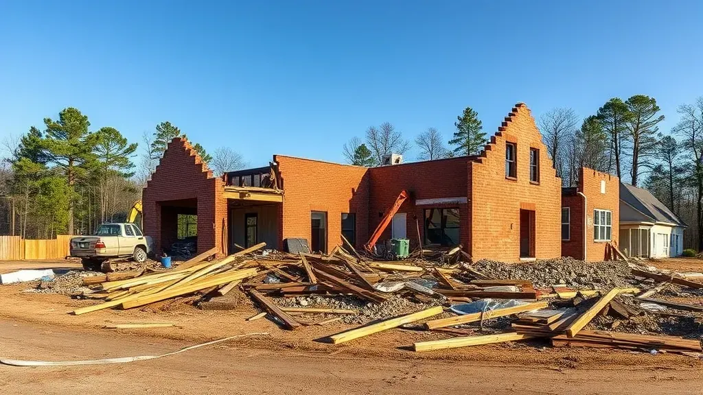 Demolition in West Columbia SC showing heavy machinery clearing debris and rubble.