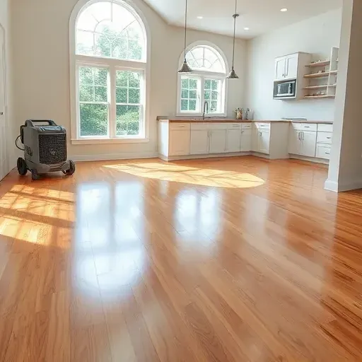 Restored modern Charleston living room with pristine hardwood floors, fresh paint, and professional water damage equipment.