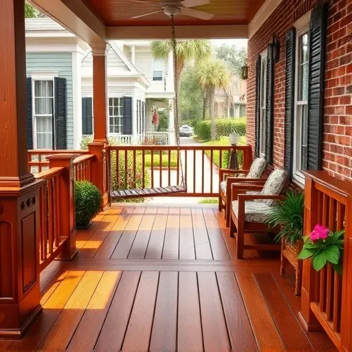 Beautiful Charleston porch with warm wooden deck, classic architecture, lush garden, and cozy outdoor furniture