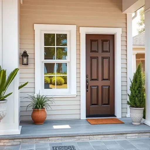 Finished Charleston SC home with modern energy-efficient window, stylish detailed front door, lush greenery, and elegant porch.