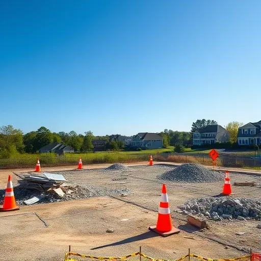 Cleared demolition site in Five Forks SC with construction debris, safety cones, and local homes in the background.