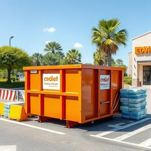 Freshly painted orange and white branded dumpster on clean paving in Myrtle Beach SC with recycling and greenery.