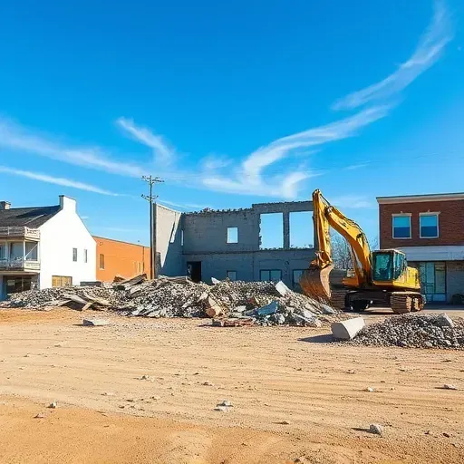 Demolition site in Spartanburg SC with rubble organized, clear ground, and blue sky showcasing the transformation.