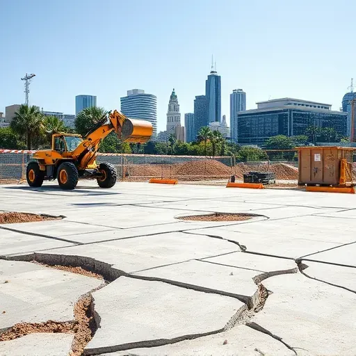 Concrete slab removal site in Charleston SC showing broken concrete, rebar remnants, construction equipment, and historic city skyline