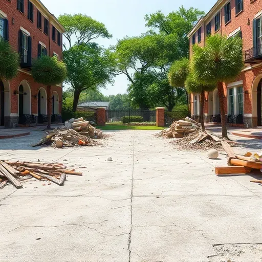 Demolition site in Charleston with a cleared lot and construction debris, showcasing southern architecture and safety.