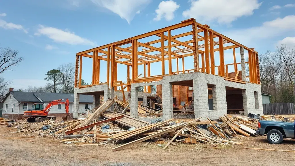 Demolition in Spartanburg, SC showing heavy machinery at work on a building site.