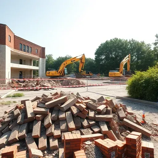 Completed demolition site in Hanahan SC featuring debris, machinery, and safety barriers amidst greenery and clear skies.
