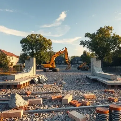 Demolition site in Taylors SC showing debris, an excavator, and trees contrasting urban and natural elements.