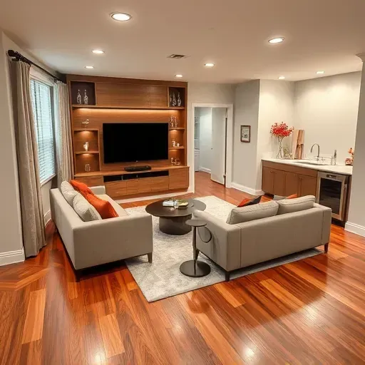 Renovated Charleston basement with modern furnishings, hardwood floors, built-in bar, large TV, and natural light.