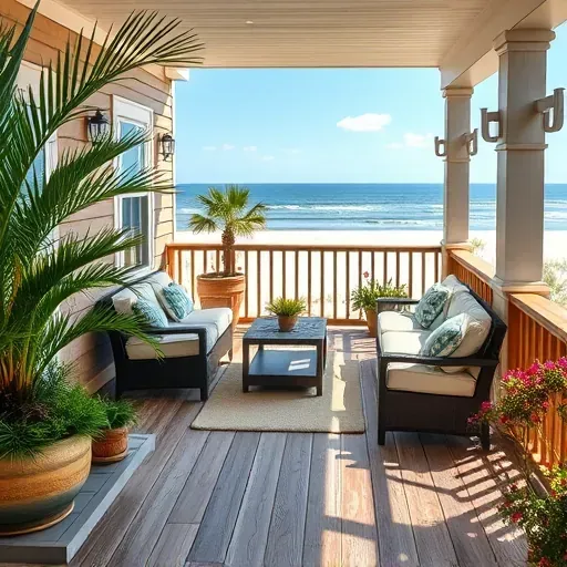 Beautiful completed Myrtle Beach deck and porch with weathered wood, stylish furniture, lush plants, ocean view, and coastal ambiance