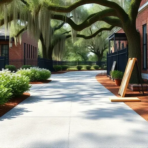 Finished concrete driveway and walkway in Charleston SC with lush greenery, historic architecture, and detailed textures