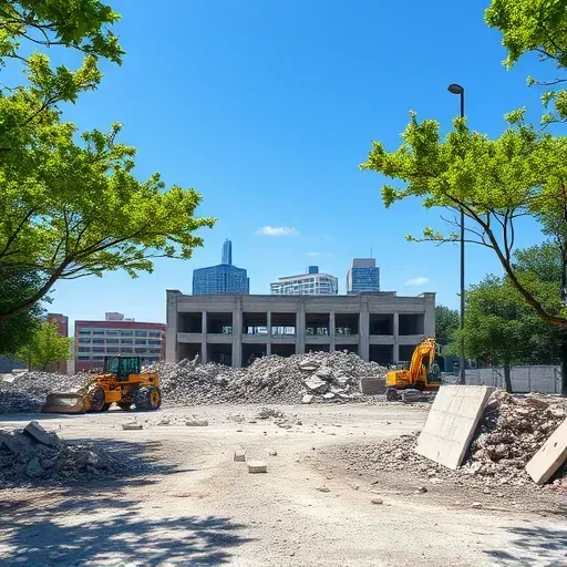 Demolition site in Rock Hill SC with concrete rubble, construction machinery, and green trees under blue skies.