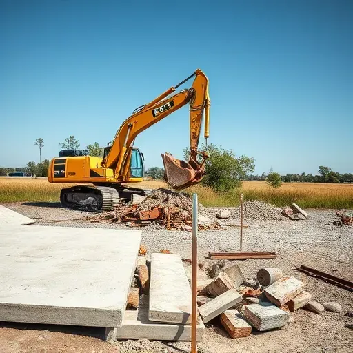 Demolition site in Goose Creek SC with cleared debris, concrete slabs, and machinery under a blue sky and greenery.