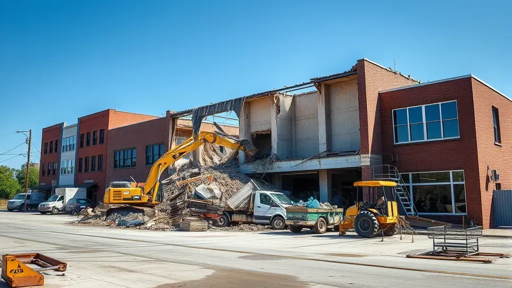 Commercial Demolition projects in Charleston SC showcasing machinery and workers at a construction site.