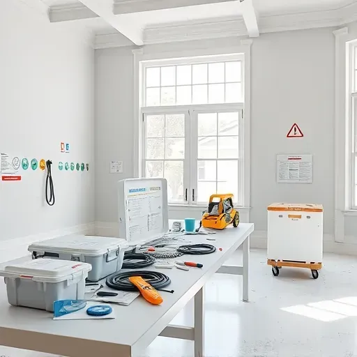 Clean well-organized lead paint testing and removal site in Charleston with testing kits, tools, safety signs, and bright natural light