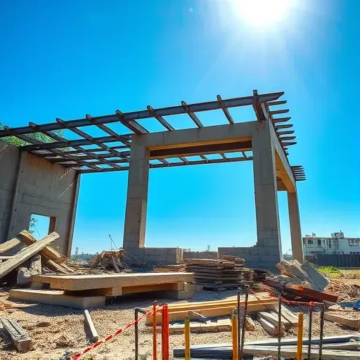 Demolition site in Socastee SC with debris like concrete slabs and steel beams under a blue sky showcasing progress.