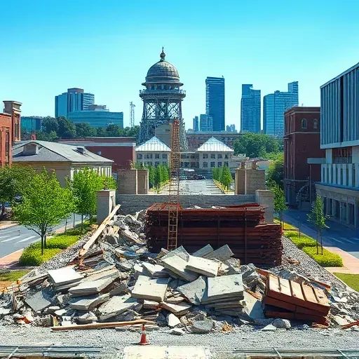 Completed demolition site in Mauldin SC features cleared debris, stacked concrete and steel, with urban skyline backdrop.