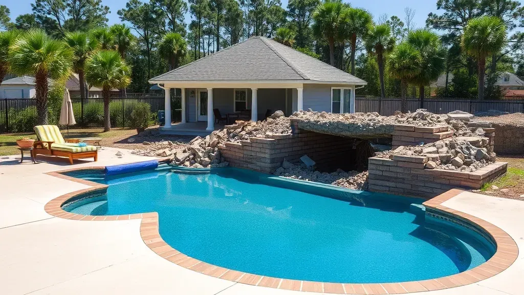Pool demolition project in Myrtle Beach SC showcasing machinery and debris removal.