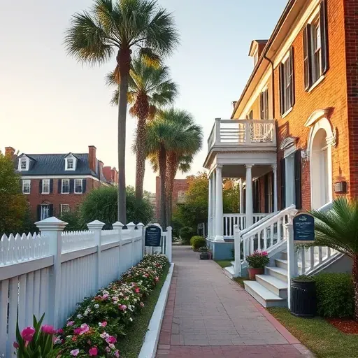Freshly painted Charleston-style home with white and pastel walls, lush gardens, historic trees, and Southern charm.