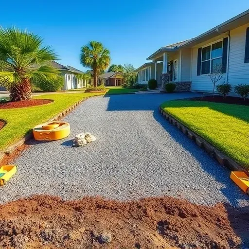 Finished driveway removal in Myrtle Beach with smooth gravel, compacted soil, parked tools, and a tidy suburban background