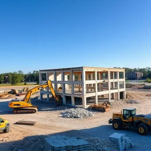 Demolition site in Lexington SC with heavy machinery, neat debris, and a clear blue sky showcasing efficient construction work.