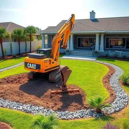 Completed pool demolition site in Myrtle Beach SC with cleared yard, construction equipment, modern home, and lush landscaping