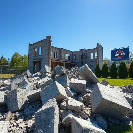 Demolition site in Sumter SC with rubble, concrete debris, sharp textures, green lawn, and construction fence branding.
