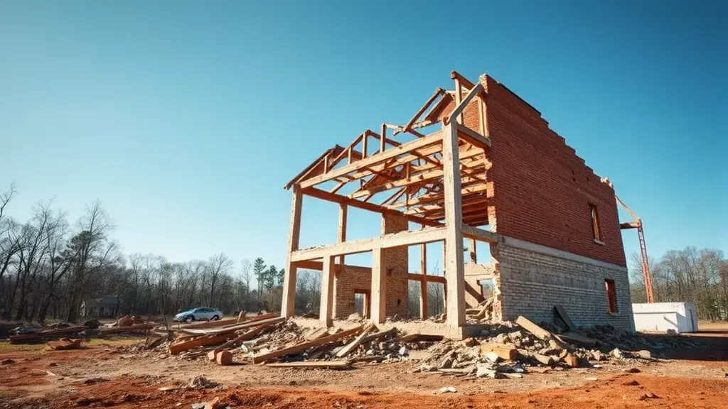 Demolition in Clemson, SC showing workers and equipment clearing a building site.