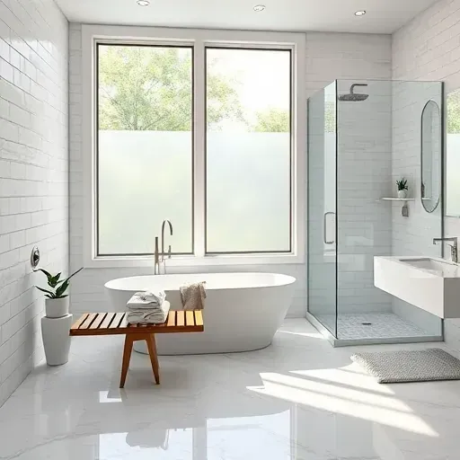 Luxurious remodeled Charleston bathroom with modern fixtures, marble floors, walk-in shower, soaking tub, and natural light