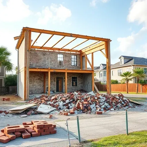 Recently demolished house site in Charleston SC with exposed beams debris and cleared lot under bright natural light