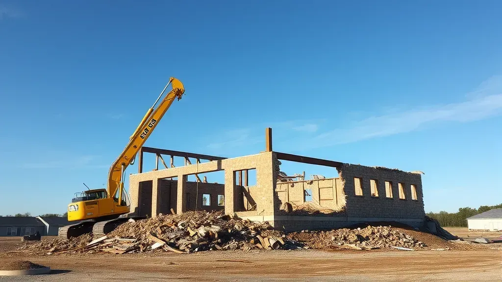 Demolition in Florence, SC showing equipment and debris at a construction site.