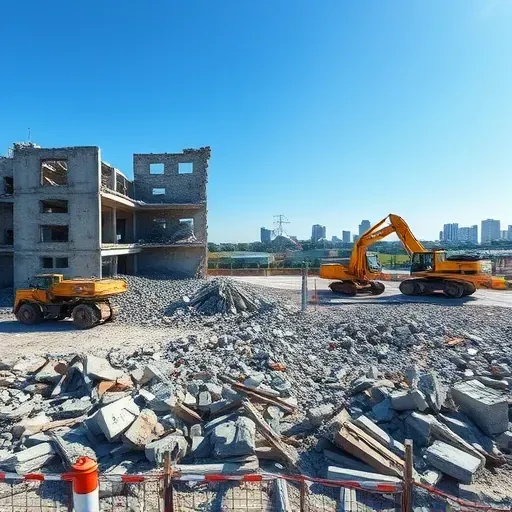 Demolition site in North Charleston SC shows a partially demolished building surrounded by rubble and construction equipment.