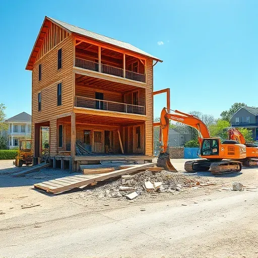 Demolition site in Charleston SC showing a partially dismantled wooden house, heavy machinery, and organized debris cleanup