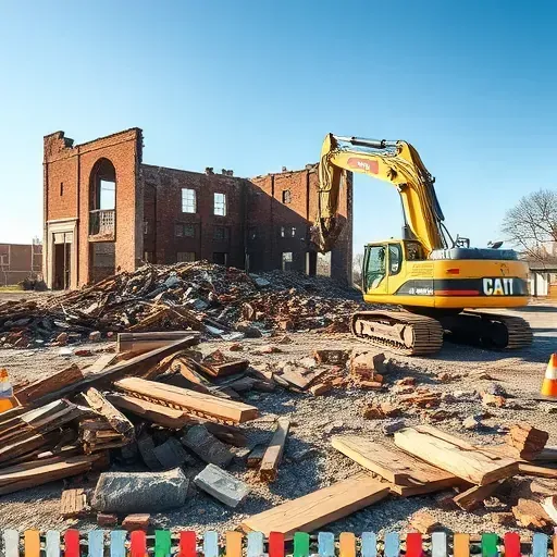 Demolition site in Hardeeville SC featuring debris, an excavator, and remnants of a torn-down building.