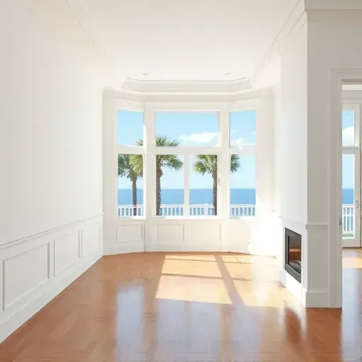 Freshly painted modern living room in Myrtle Beach with white walls, crown molding, hardwood floors, and coastal views