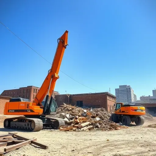 Completed demolition site in West Columbia SC with organized debris and bright construction machinery under a blue sky