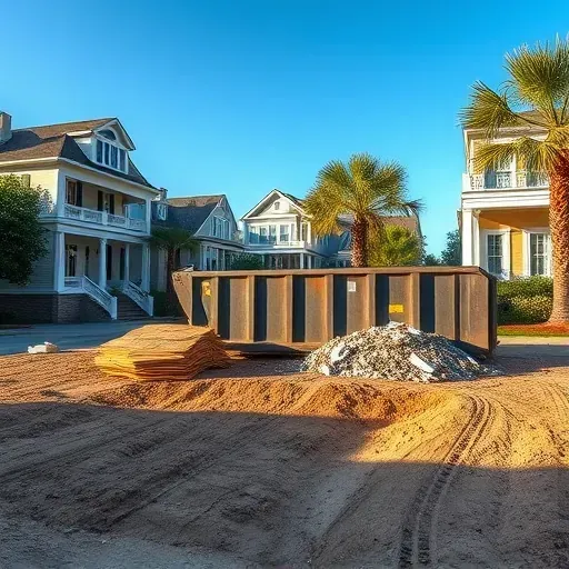 Recently demolished Charleston lot with debris, exposed foundation, construction dumpster, and historic homes nearby under clear blue skies