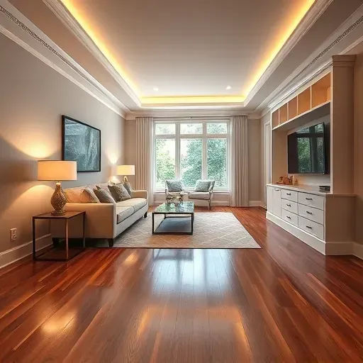 Completed modern basement remodel in Charleston with hardwood floors, stylish decor, plush seating, built-in entertainment, and natural light